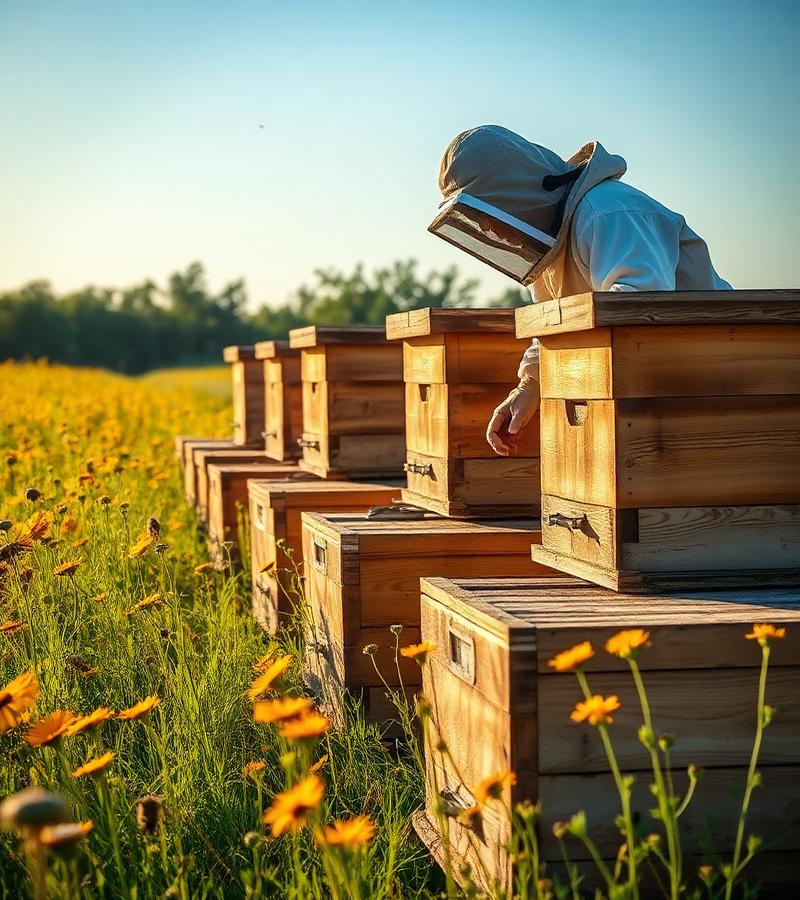 Beekeeper tending hives in a wildflower meadow