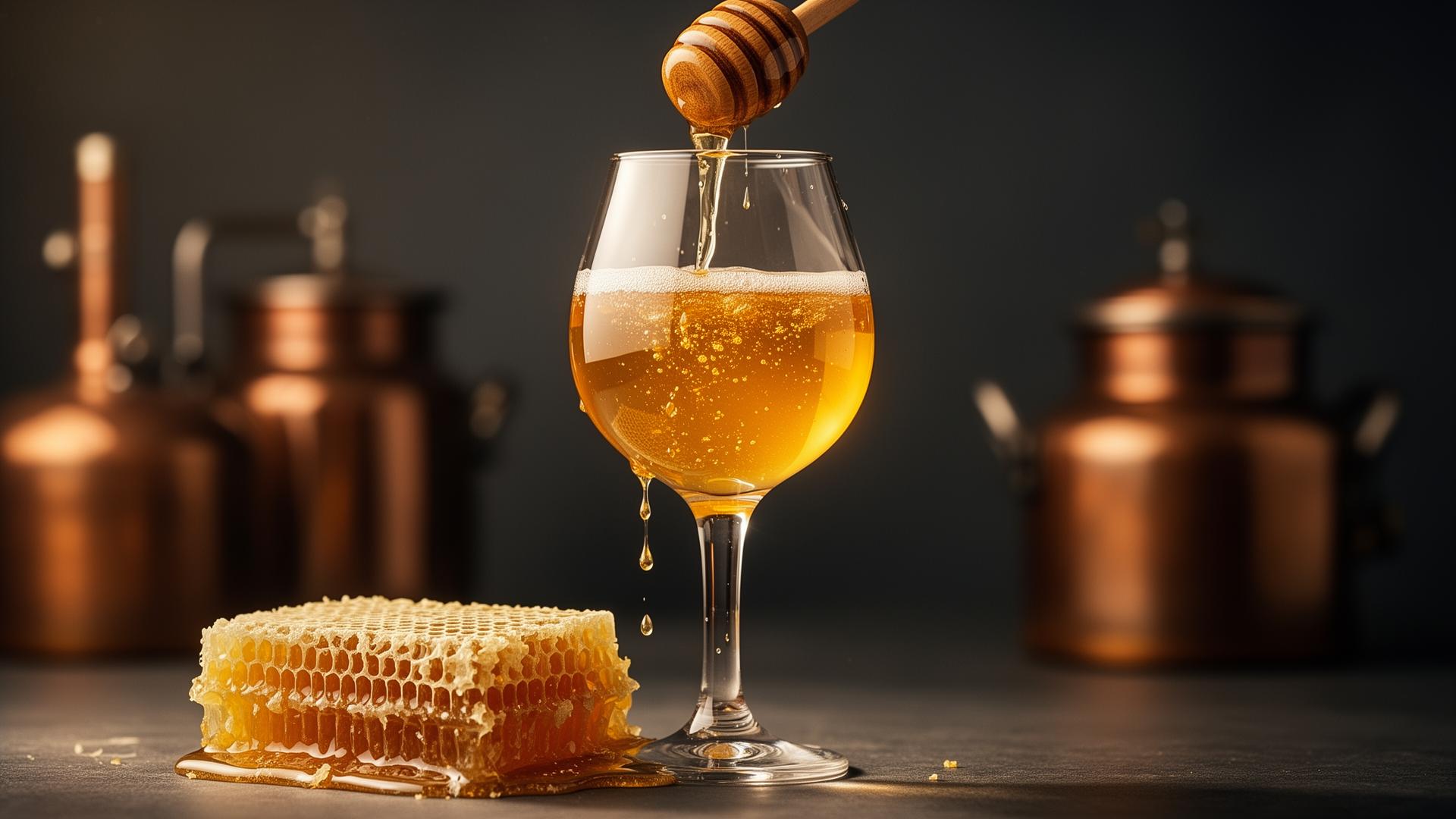Golden session mead poured beside fresh honeycomb